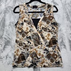 Vintage JKLA California Top Womens M Brown Black Geometric Empire Waist Stretch